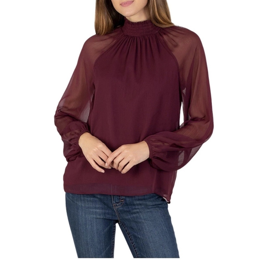 NWT Joie Burgundy Wine Long Sleeve Chiffon Sheer Smocked Blouse Size XS